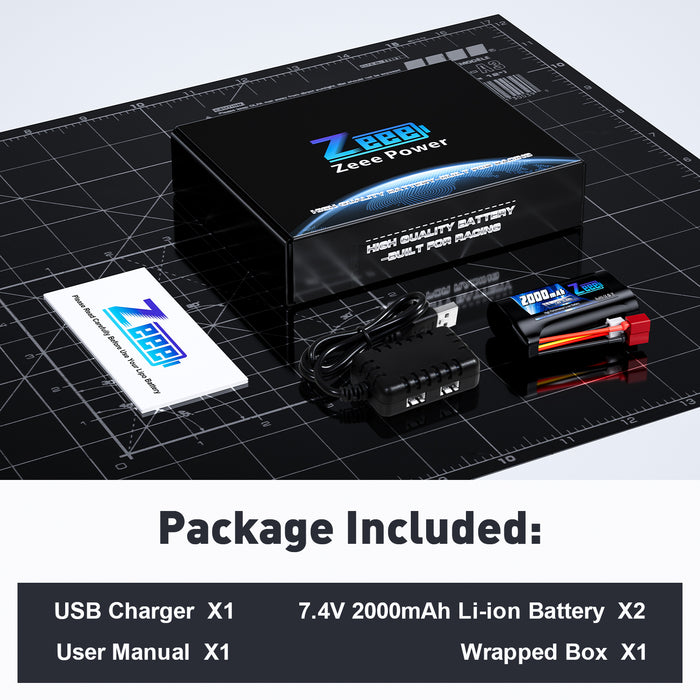 Zeee 2S Li-ion Battery 2000mAh 7.4V Battery SM 2P Connector with 7.4V Battery Charger Compatible with MN D90/91, MN 99/99s RC cars, H101 H103 H105 RC Boat RC Truck(2 Pack)