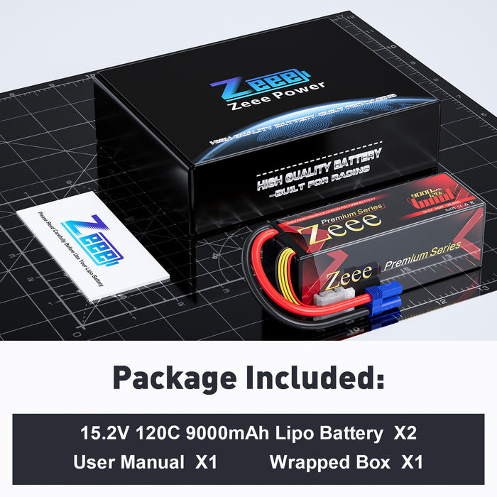 Zeee Premium Series 4S Lipo Battery 9000mAh 15.2V 120C Hard Case with EC5 Connector for RC Car Racing Models (2 Pack)