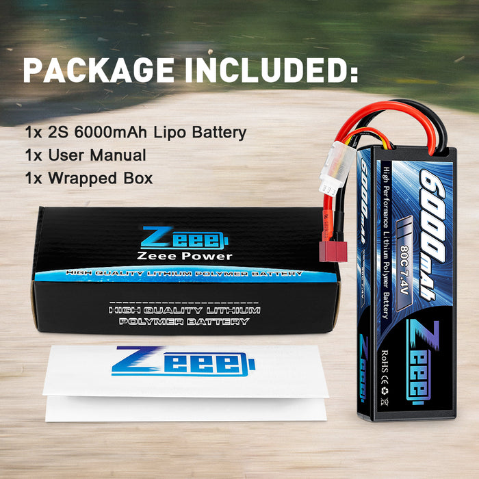 Zeee 2S Lipo Battery 6000mAh 7.4V 80C Hard case with Deans Connector for 1/8 1/10 Scale RC Car