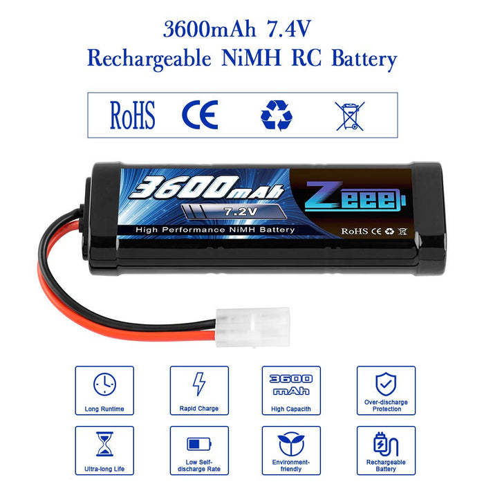 Zeee 7.2V 3600mAh RC NiMH Battery with Tamiya Plug for RC Car RC Truck Associated HPI Losi Kyosho Tamiya Hobby(2 Pack)