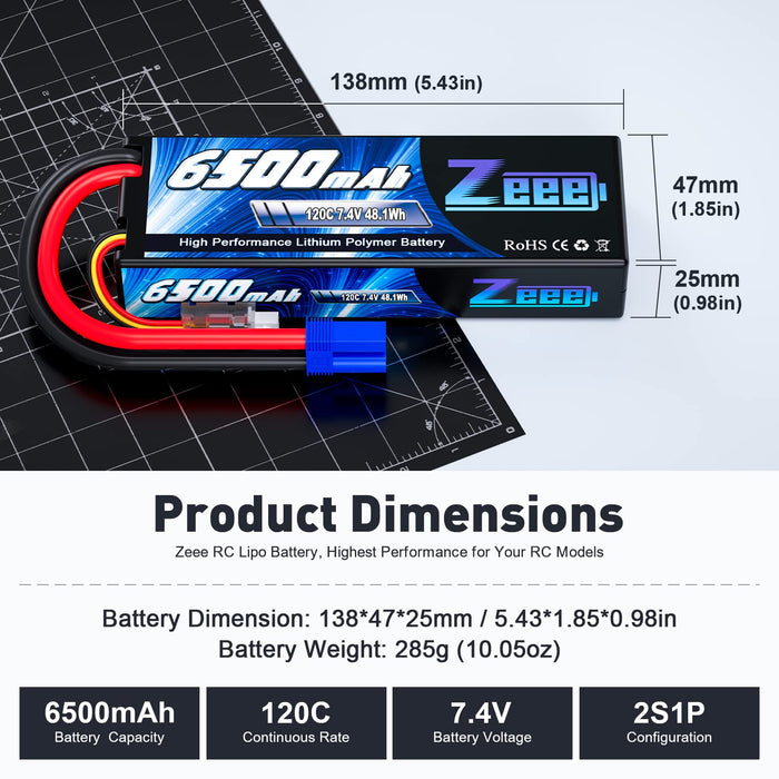 Zeee 2S Lipo Battery 6500mAh 7.4V 120C Hard Case RC Car Battery with EC5 Connector for RC Vehicles RC Truck Tank Truggy Boat Racing Hobby Models(2 Pack)