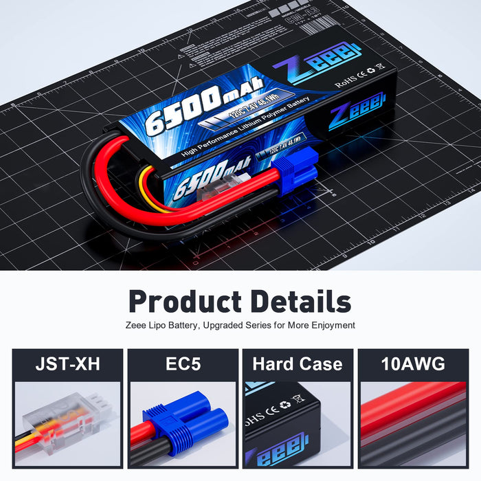 Zeee 2S Lipo Battery 6500mAh 7.4V 120C Hard Case RC Car Battery with EC5 Connector for RC Vehicles RC Truck Tank Truggy Boat Racing Hobby Models(2 Pack)