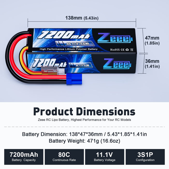 Zeee 3S Lipo Battery 7200mAh 11.1V 80C with EC5 Connector Hard Case For RC Car RC Models(2 Packs)