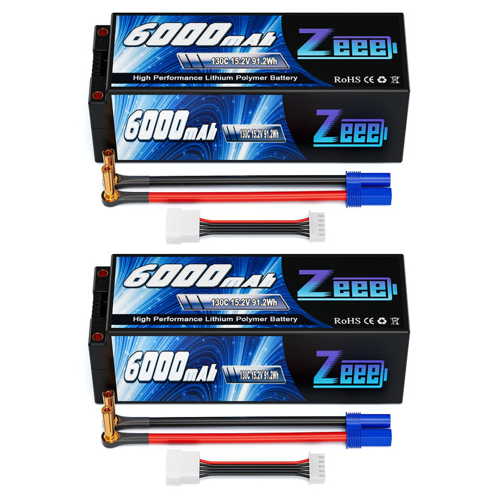 Zeee 4S Lipo Battery 6000mAh 15.2V HV Lipo 130C with 5mm Bullet to EC5 Connector Hard Case Battery for RC Vehicles RC Car Trucks Boats RC Models(2 Pack)