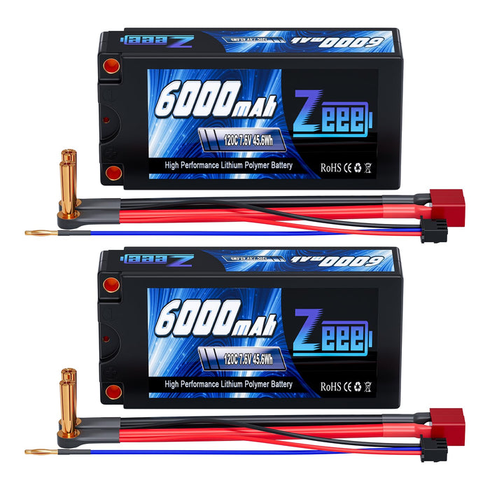 Zeee 2S Shorty Lipo Battery 6000mAh 7.6V 120C Hard Case with 5mm Bullet to Deans Connector High Voltage Battery for RC 1/10 Scale Vehicles Car Trucks Boats RC Models (2 Pack)