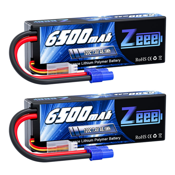 Zeee 2S Lipo Battery 6500mAh 120C 7.4V Hard Case Battery with EC3 Connector for RC Vehicles RC Car Truck Truggy 1/10 Scale Racing Models(2 Pack)