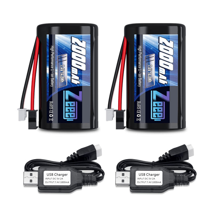 Zeee 2S Li-ion Battery 2000mAh 7.4V Battery with SM 2P Connector 2 Pack USB Charger Compatible with MN D90/91, MN 99/99s RC Cars, H101 H103 H105 RC Boat RC Truck(2 Pack)