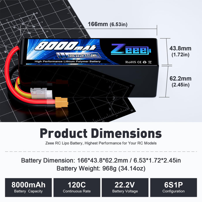 Zeee 6S Lipo Battery 8000mAh 22.2V 120C Soft Pack RC Battery XT60 Connector for RC Car Truck Desert Racer RC Drone RC Tank Racing Hobby Models(2 Pack)