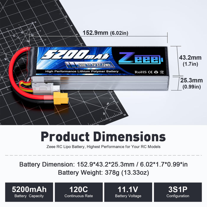 Zeee 3S Lipo Battery 5200mAh 120C 11.1V RC Soft Pack Battery with XT60 Connector for RC Car Truck Airplane Helicopter Plane Quadcopter RC Boat Racing Hobby Models 6.02 * 1.7 * 0.99in (2 Pack)