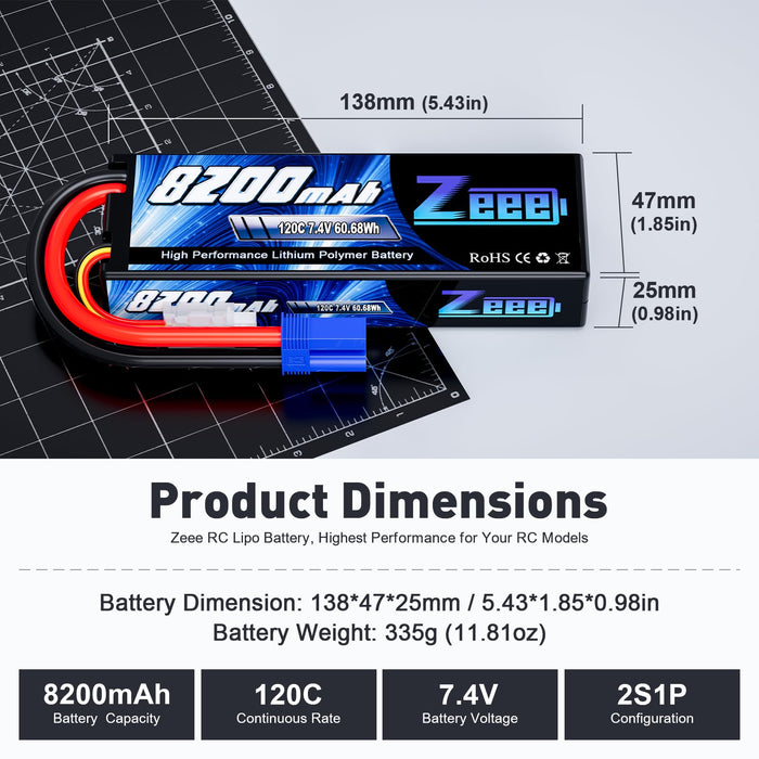 Zeee 2S Lipo Battery 8200mAh 7.4V 120C Hard Case RC Car Battery with EC5 Plug for 1/8 1/10 RC Vehicles RC Car Truck Truggy RC Boat Helicopter Racing Models(2 Pack)