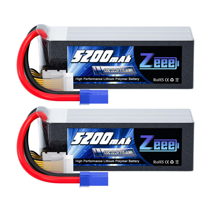 Zeee 6S Lipo Battery Shorty Pack 5200mAh 22.2V 120C RC Battery with EC5 Connector for RC Car Trucks Airplane Helicopter Quadcopter Boat (2 Pack)