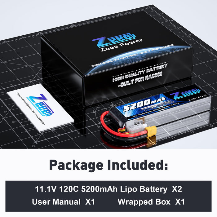 Zeee 3S Lipo Battery 5200mAh 120C 11.1V RC Soft Pack Battery with XT60 Connector for RC Car Truck Airplane Helicopter Plane Quadcopter RC Boat Racing Hobby Models 6.02 * 1.7 * 0.99in (2 Pack)