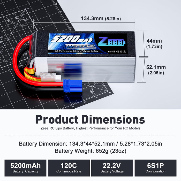 Zeee 6S Lipo Battery Shorty Pack 5200mAh 22.2V 120C RC Battery with EC5 Connector for RC Car Trucks Airplane Helicopter Quadcopter Boat (2 Pack)