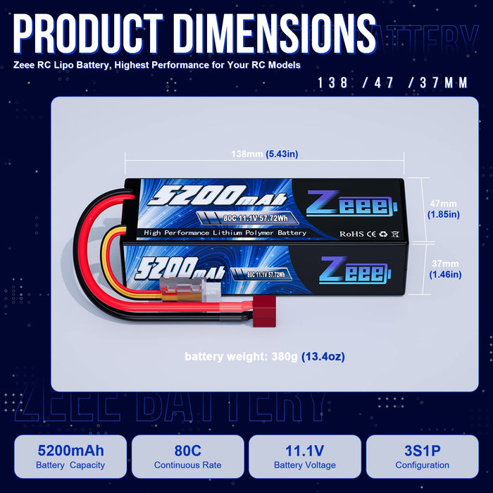Zeee 3S Lipo Batterie 11.1V 80C 5200mAh Hardcase – Fiche T Mâle – Pour RC Voiture, Bateau, Buggy 1/4 à 1/10 Zeee 11.1V RC Voiture Zeee 3S Lipo Batterie 11.1V 80C 5200mAh Hardcase – Fiche T Mâle – Pour RC Voiture, Bateau, Buggy 1/4 à 1/10 Zeee 11.1V RC Voiture