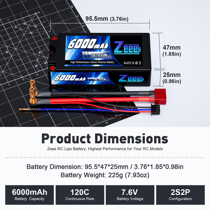 Zeee 2S Shorty Lipo Battery 6000mAh 7.6V 120C Hard Case with 5mm Bullet to Deans Connector High Voltage Battery for RC 1/10 Scale Vehicles Car Trucks Boats RC Models (2 Pack)