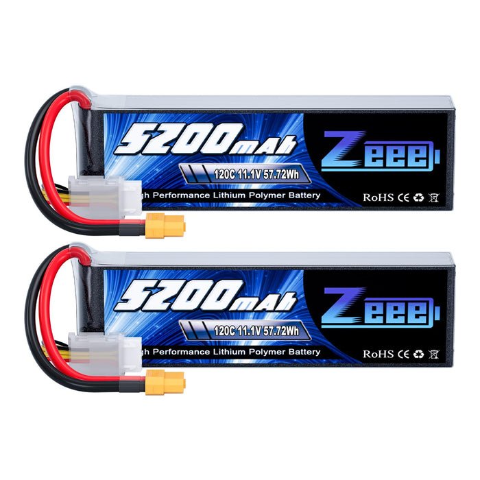 Zeee 3S Lipo Battery 5200mAh 120C 11.1V RC Soft Pack Battery with XT60 Connector for RC Car Truck Airplane Helicopter Plane Quadcopter RC Boat Racing Hobby Models 6.02 * 1.7 * 0.99in (2 Pack)