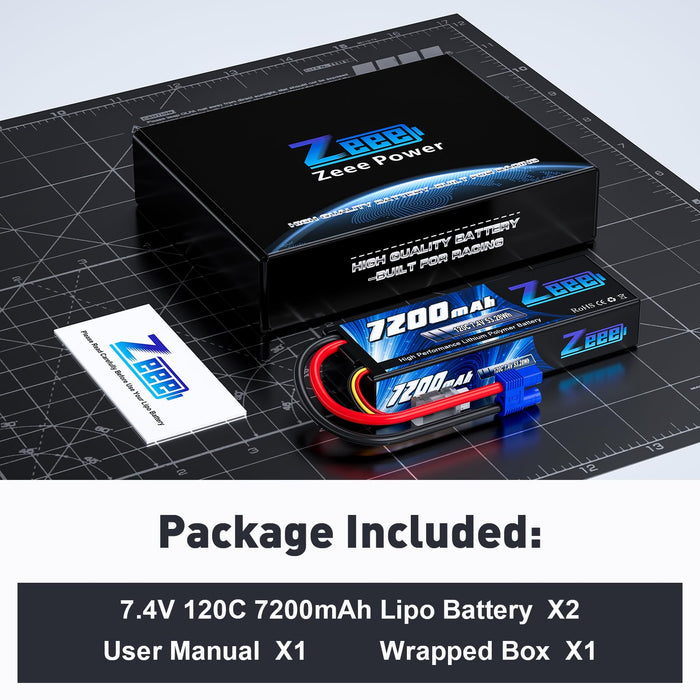 Zeee 2S Lipo Battery 7200mAh 7.4V 120C Hard Case RC Battery with EC3 Connector for RC Car Truck Truggy Buggy Tank 1/10 Scale Racing Models(2 Pack)