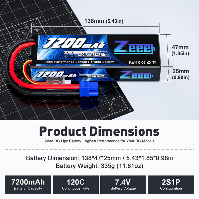 Zeee 2S Lipo Battery 7200mAh 7.4V 120C Hard Case RC Battery with EC3 Connector for RC Car Truck Truggy Buggy Tank 1/10 Scale Racing Models(2 Pack)
