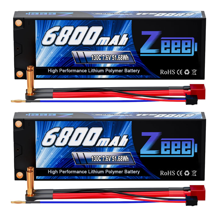 Zeee 2S Lipo Battery 6800mAh 7.6V 130C Hard Case LCG RC Lipo with 5mm Bullet to Deans Connector for 1/10 Scale Vehicles RC Race Car RC Trucks Boats RC Models(2 Pack)