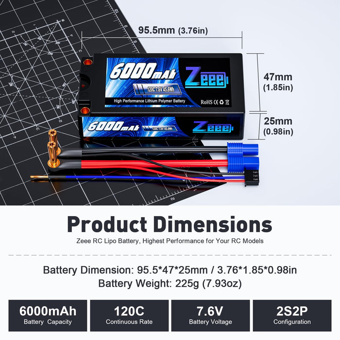 Zeee 2S Lipo Battery 6000mAh Shorty Pack 7.6V 120C High Voltage Battery Hard Case with 5mm Bullet to EC3 Connector for RC 1/10 Scale Vehicles Car Trucks Boats RC Models (2 Pack)