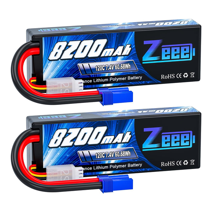 Zeee 2S Lipo Battery 8200mAh 7.4V 120C Hard Case RC Car Battery with EC5 Plug for 1/8 1/10 RC Vehicles RC Car Truck Truggy RC Boat Helicopter Racing Models(2 Pack)