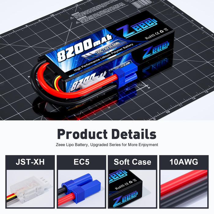 Zeee 2S Lipo Battery 8200mAh 7.4V 120C Hard Case RC Car Battery with EC5 Plug for 1/8 1/10 RC Vehicles RC Car Truck Truggy RC Boat Helicopter Racing Models(2 Pack)