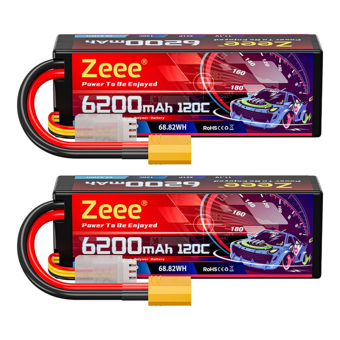 Zeee 3S Lipo Battery 6200mAh 11.1V 120C Hard Case with XT90 Connector for 1/8 1/10 Scale Vehicles RC Car Tank Trucks Racing Models(2 Pack)