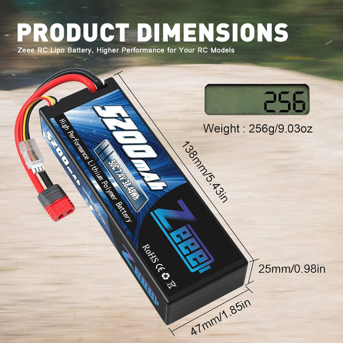 Zeee 2S Lipo Battery 5200mAh 7.4V 50C Deans T Plug with Housing Hard Case Battery for 1/8 1/10 RC Car RC Models(2 Pack)