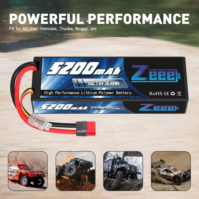 Zeee 2S Lipo Battery 5200mAh 7.4V 50C Deans T Plug with Housing Hard Case Battery for 1/8 1/10 RC Car RC Models(2 Pack)