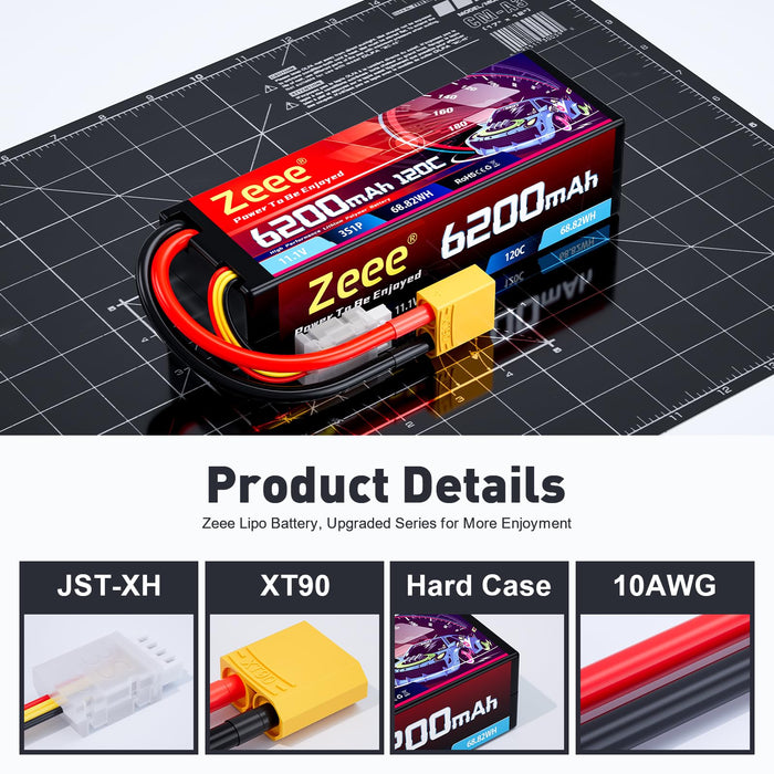 Zeee 3S Lipo Battery 6200mAh 11.1V 120C Hard Case with XT90 Connector for 1/8 1/10 Scale Vehicles RC Car Tank Trucks Racing Models(2 Pack)