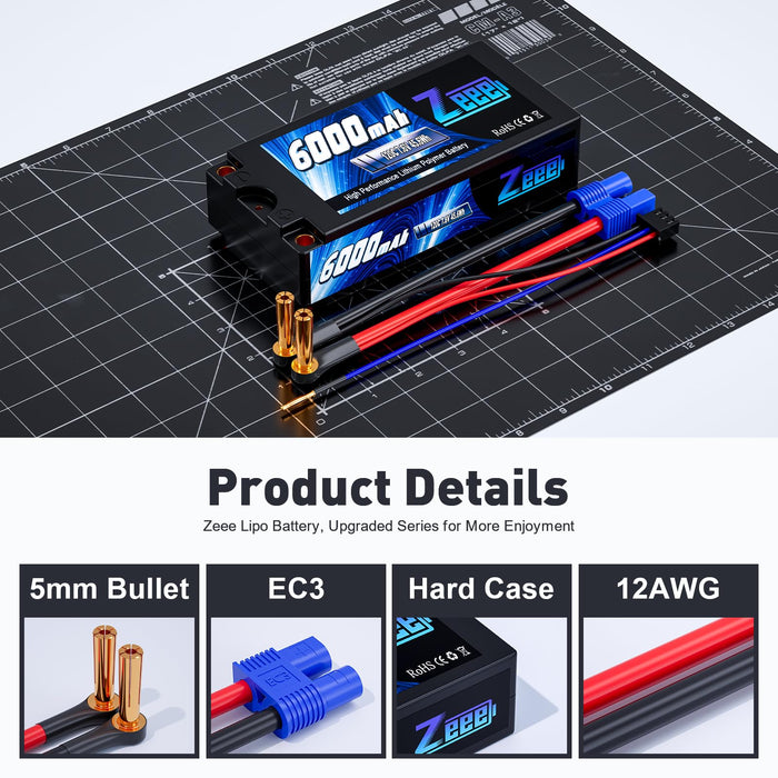 Zeee 2S Lipo Battery 6000mAh Shorty Pack 7.6V 120C High Voltage Battery Hard Case with 5mm Bullet to EC3 Connector for RC 1/10 Scale Vehicles Car Trucks Boats RC Models (2 Pack)