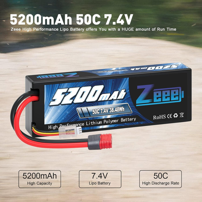 Zeee 2S Lipo Battery 5200mAh 7.4V 50C Deans T Plug with Housing Hard Case Battery for 1/8 1/10 RC Car RC Models(2 Pack)