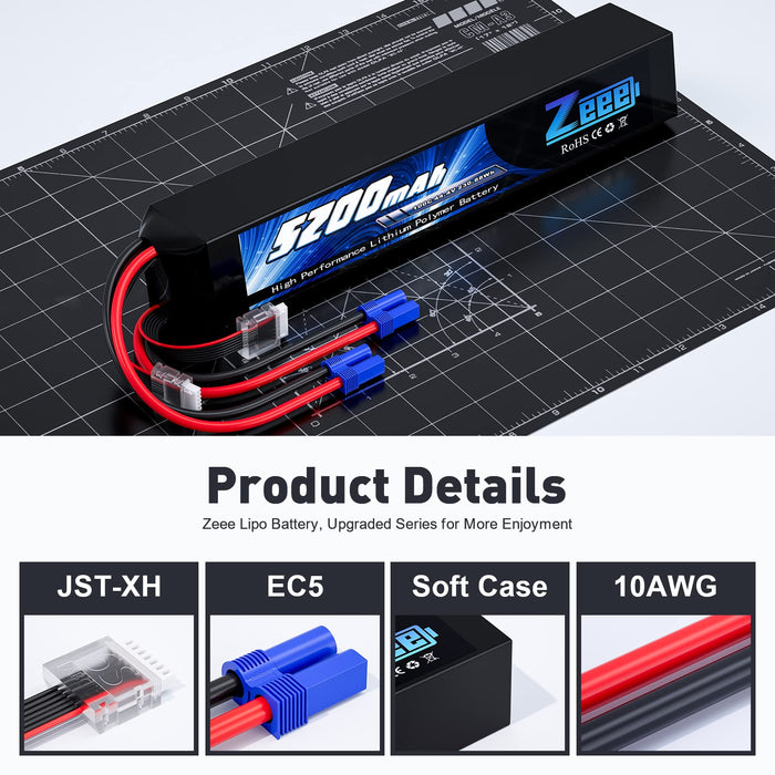 Zeee 12S Lipo Battery 5200mAh 44.4V 100C with EC5 Connector Soft Case Battery for Large Scale RC Helicopter Airplane RC Car Vehicels RC Trucks Racing Models