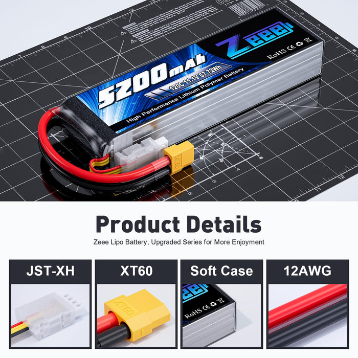 Zeee 3S Lipo Battery 5200mAh 120C 11.1V RC Soft Pack Battery with XT60 Connector for RC Car Truck Airplane Helicopter Plane Quadcopter RC Boat Racing Hobby Models 6.02 * 1.7 * 0.99in (2 Pack)