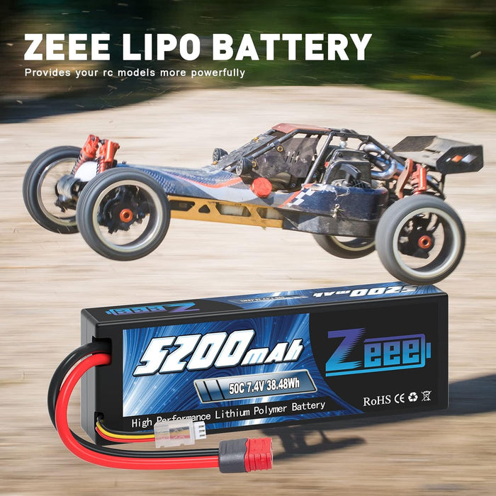 Zeee 2S Lipo Battery 5200mAh 7.4V 50C Deans T Plug with Housing Hard Case Battery for 1/8 1/10 RC Car RC Models(2 Pack)