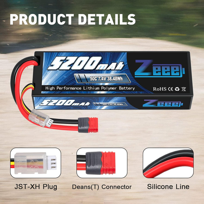 Zeee 2S Lipo Battery 5200mAh 7.4V 50C Deans T Plug with Housing Hard Case Battery for 1/8 1/10 RC Car RC Models(2 Pack)