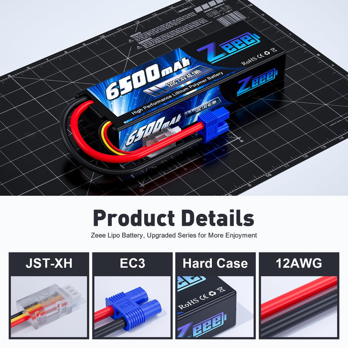 Zeee 2S Lipo Battery 6500mAh 120C 7.4V Hard Case Battery with EC3 Connector for RC Vehicles RC Car Truck Truggy 1/10 Scale Racing Models(2 Pack)