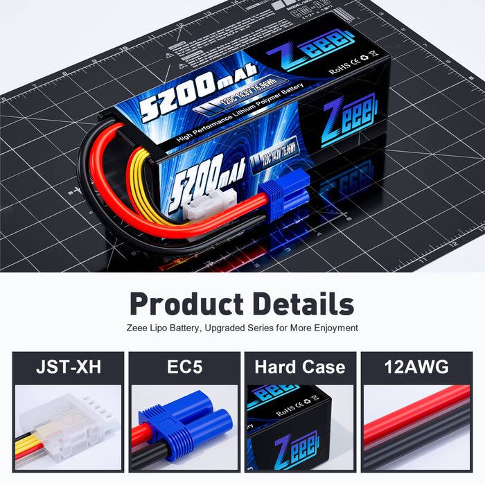 Zeee 4S Lipo Battery 5200mAh 14.8V 120C Hard Case with EC5 Plug for RC Car RC Models(2 Pack)