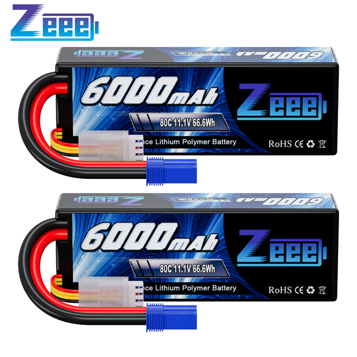 Zeee 3S Lipo Battery  6000mAh 11.1V 80C Hard Case with EC5 Connector for 1/8 1/10 Scale RC Car(2 Pack)