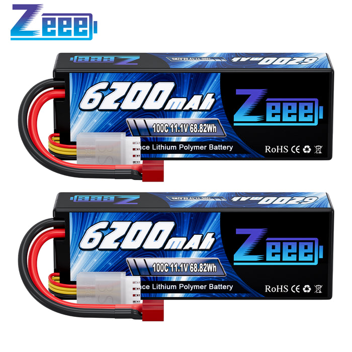 Zeee 3S Lipo Battery 6200mAh 11.1V 100C Hard Case with Deans T Connector for 1/8 1/10 Scale Vehicles RC Car(2 Pack)