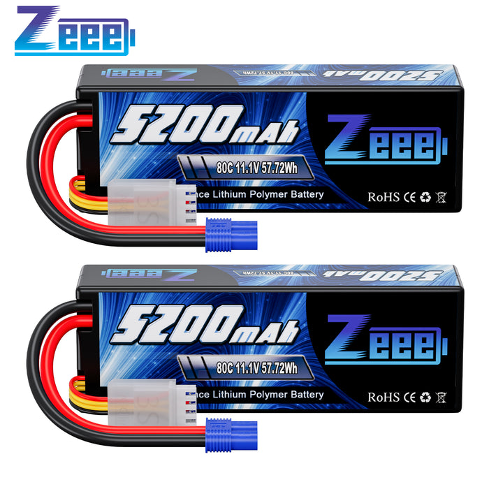 Zeee 3S Lipo Battery 5200mAh 11.1V 80C with EC3 Plug Hard Case for RC Car Racing Models(2 Pack)