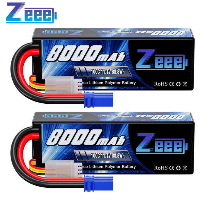 Zeee 3S Lipo Battery 8000mAh 11.1V  100C Hard Case with EC5 Plug for 1/8 1/10 RC Car Model(2 Pack)