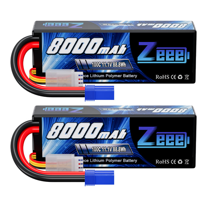 Zeee 3S Lipo Battery 8000mAh 11.1V  100C Hard Case with EC5 Plug for 1/8 1/10 RC Car Model(2 Pack)
