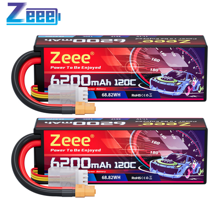 Zeee 3S Lipo Battery 6200mAh 11.1V 120C Hard Case with XT60 Connector for 1/8 1/10 Scale Vehicles RC Car Tank Trucks Racing Models(2 Pack)