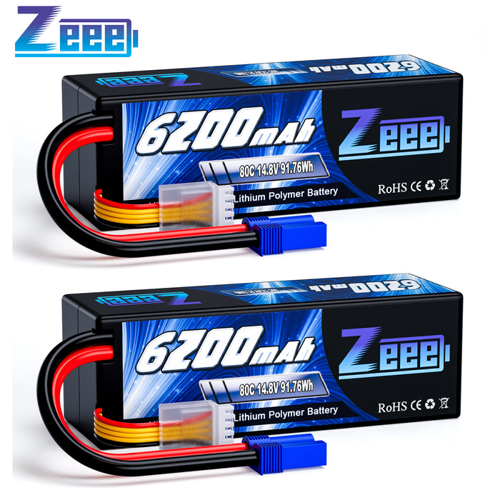 Zeee 4S Lipo Battery 6200mAh 14.8V 80C Hard Case with EC5 Connector for RC Car RC Models(2 Packs)
