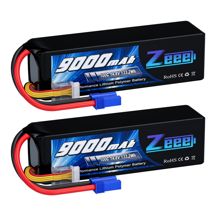 Zeee 4S Lipo Battery 9000mAh 14.8V 100C Soft Case EC5 Connector with Metal Plates for RC Car X-Maxx Truck Racing Hobby(2 Pack)