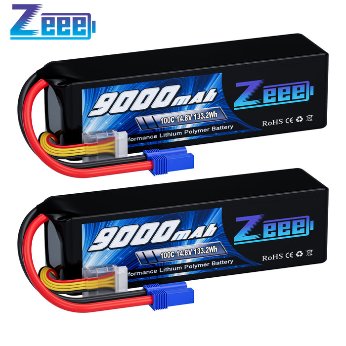 Zeee 4S Lipo Battery 9000mAh 14.8V 100C Soft Case EC5 Connector with Metal Plates for RC Car X-Maxx Truck Racing Hobby(2 Pack)