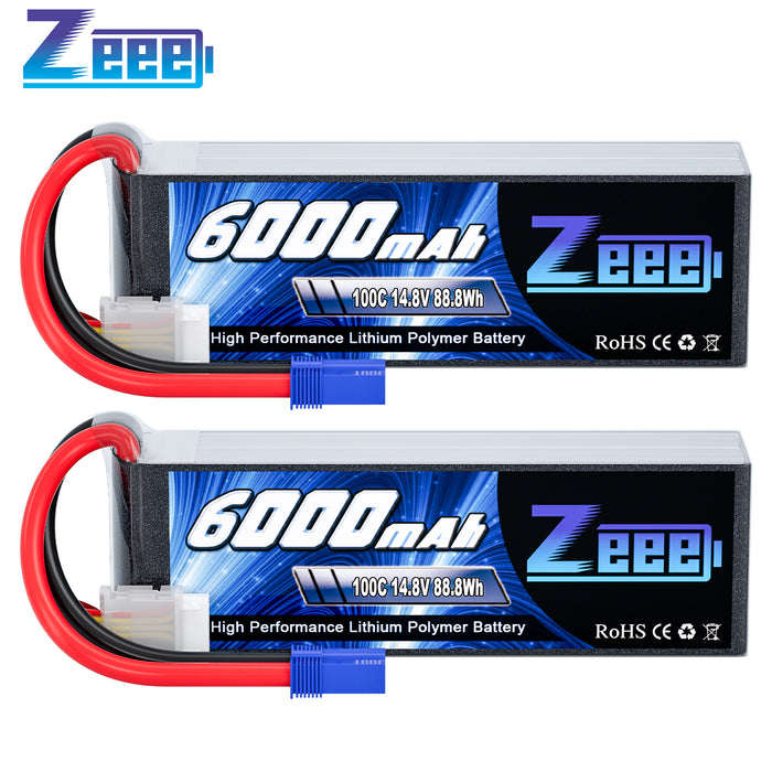Zeee 4S Lipo Battery 6000mAh 14.8V 100C with EC5 Plug Soft Case for Airplane RC Car RC Models(2 Pack)