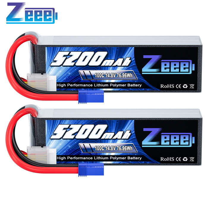 Zeee 4S Lipo Battery 14.8V 5200mAh 100C with EC5 Plug Soft Case for RC Plane RC Car(2 Pack)