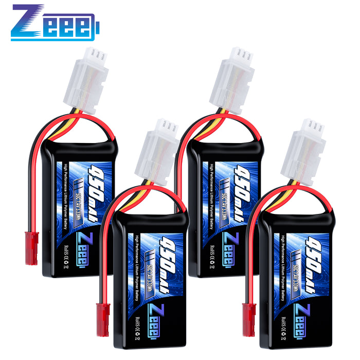 Zeee 2S Lipo Battery 450mAh 7.4V 50C Soft Pack RC Battery with JST Plug for FPV Drone Quadcopter Helicopter Airplane RC Boat RC Car RC Models(4 Pack)